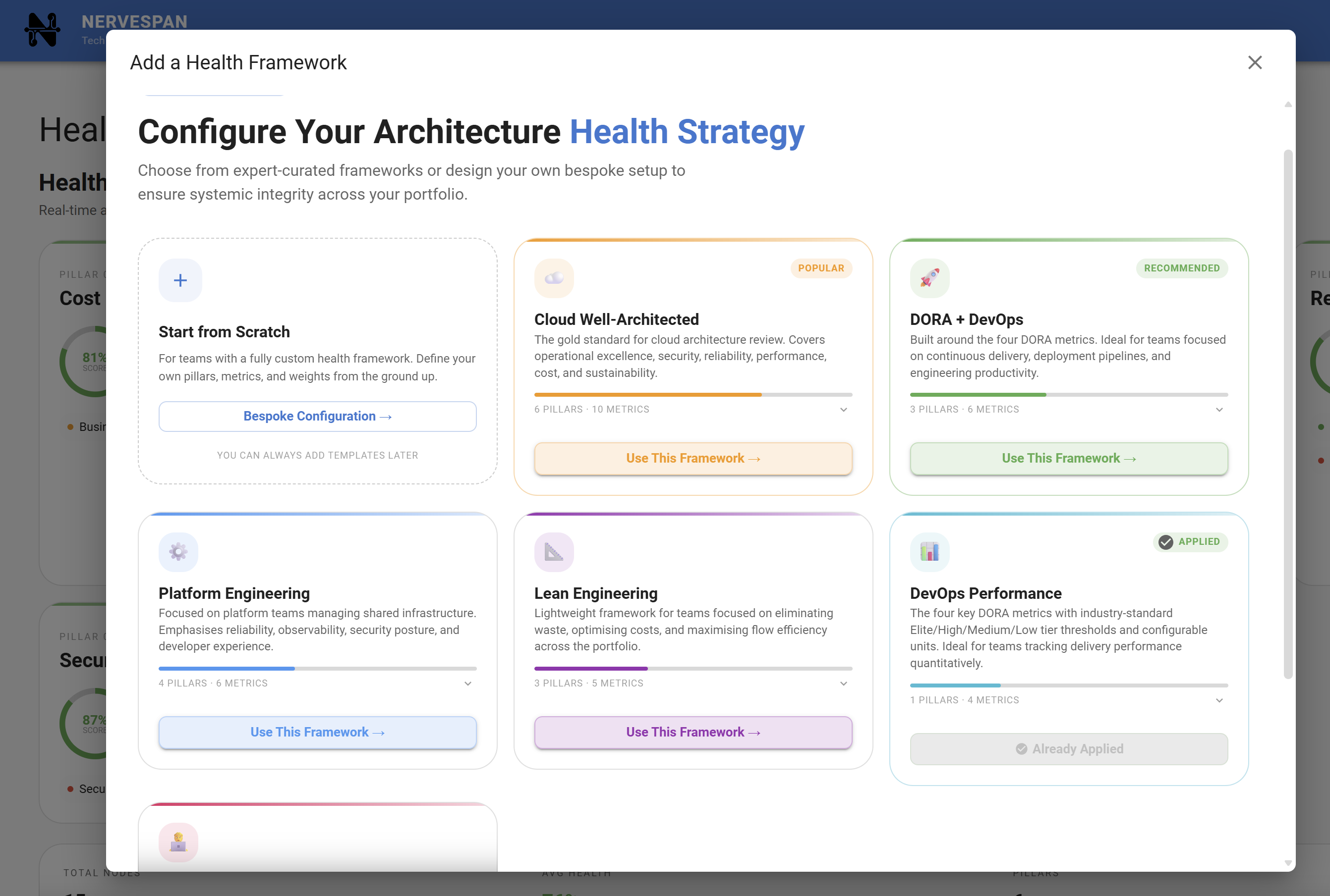 Nervespan health pillar configuration showing the DevOps Performance pillar alongside Operational Excellence, Security, Reliability, and other pillars with adjustable weights